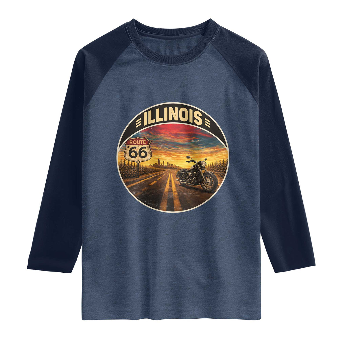 Illinois Route Highway 66 Motorcycle Raglan Shirt Road Trip Adventure TS12 Heather Denim Navy Print Your Wear