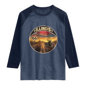 Illinois Route Highway 66 Motorcycle Raglan Shirt Road Trip Adventure TS12 Heather Denim Navy Print Your Wear