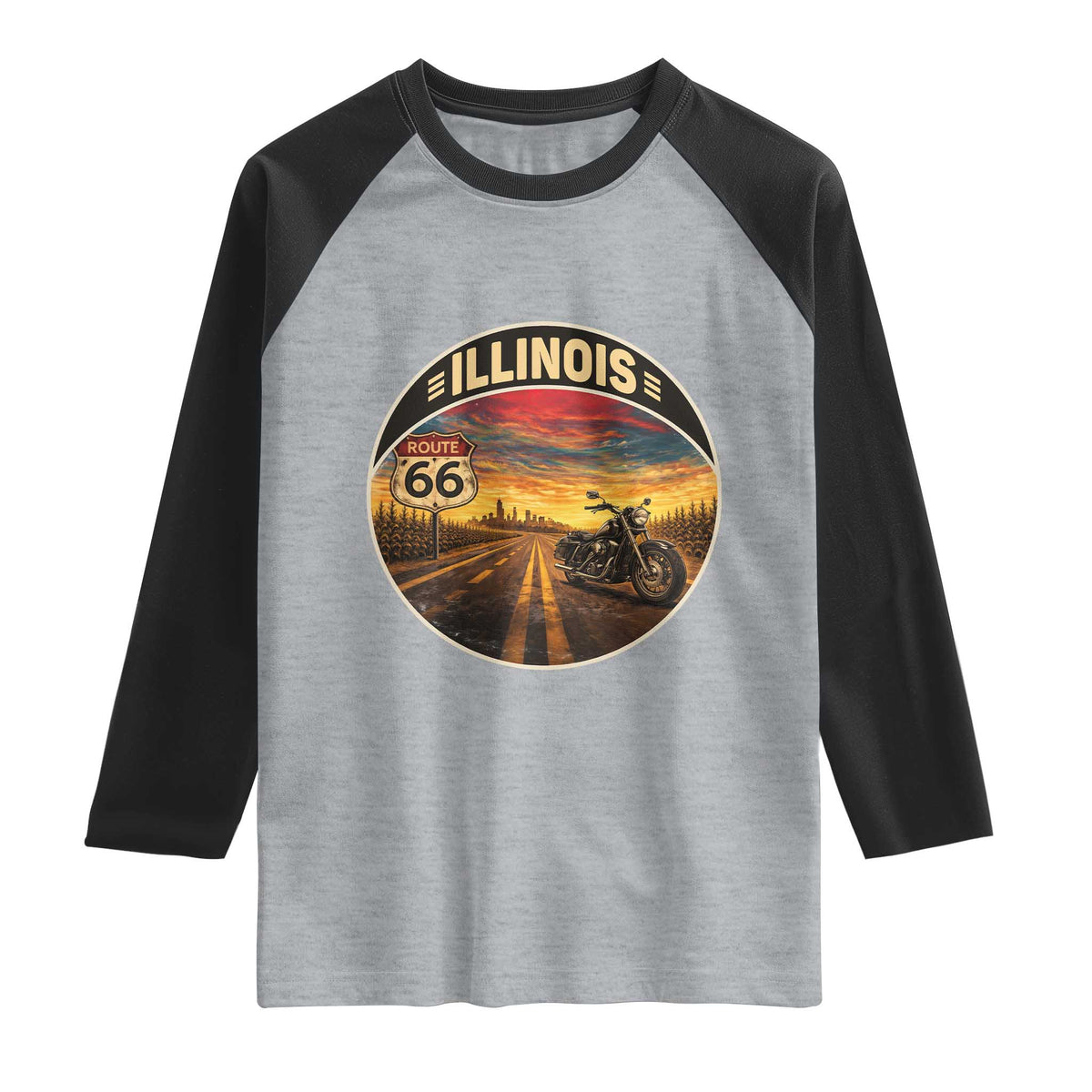 Illinois Route Highway 66 Motorcycle Raglan Shirt Road Trip Adventure TS12 Heather Gray Black Print Your Wear