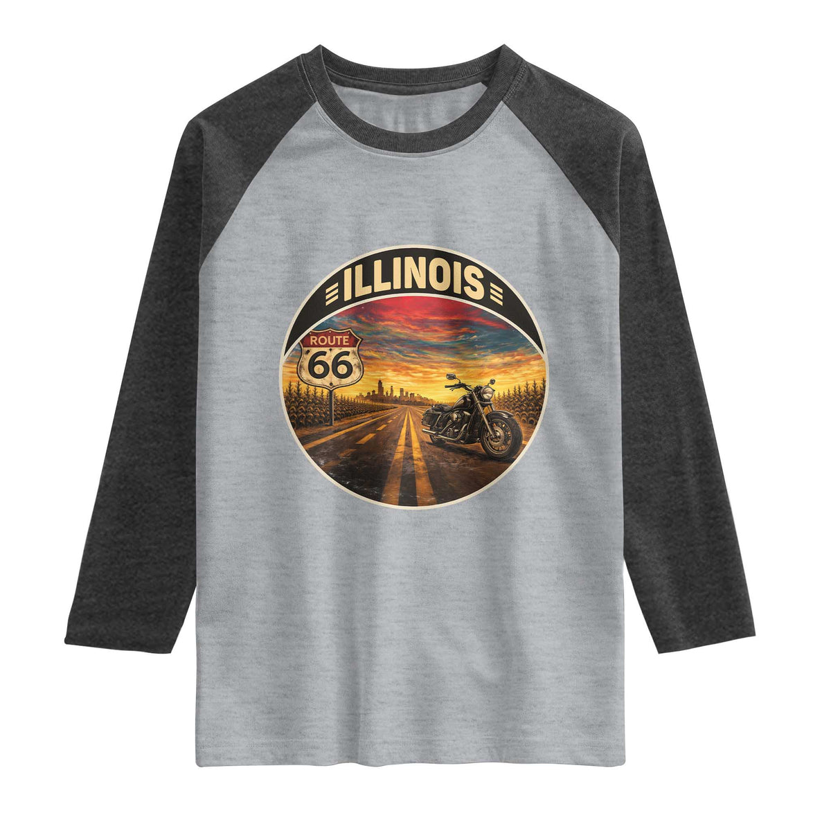 Illinois Route Highway 66 Motorcycle Raglan Shirt Road Trip Adventure TS12 Heather Gray Heather Charcoal Print Your Wear