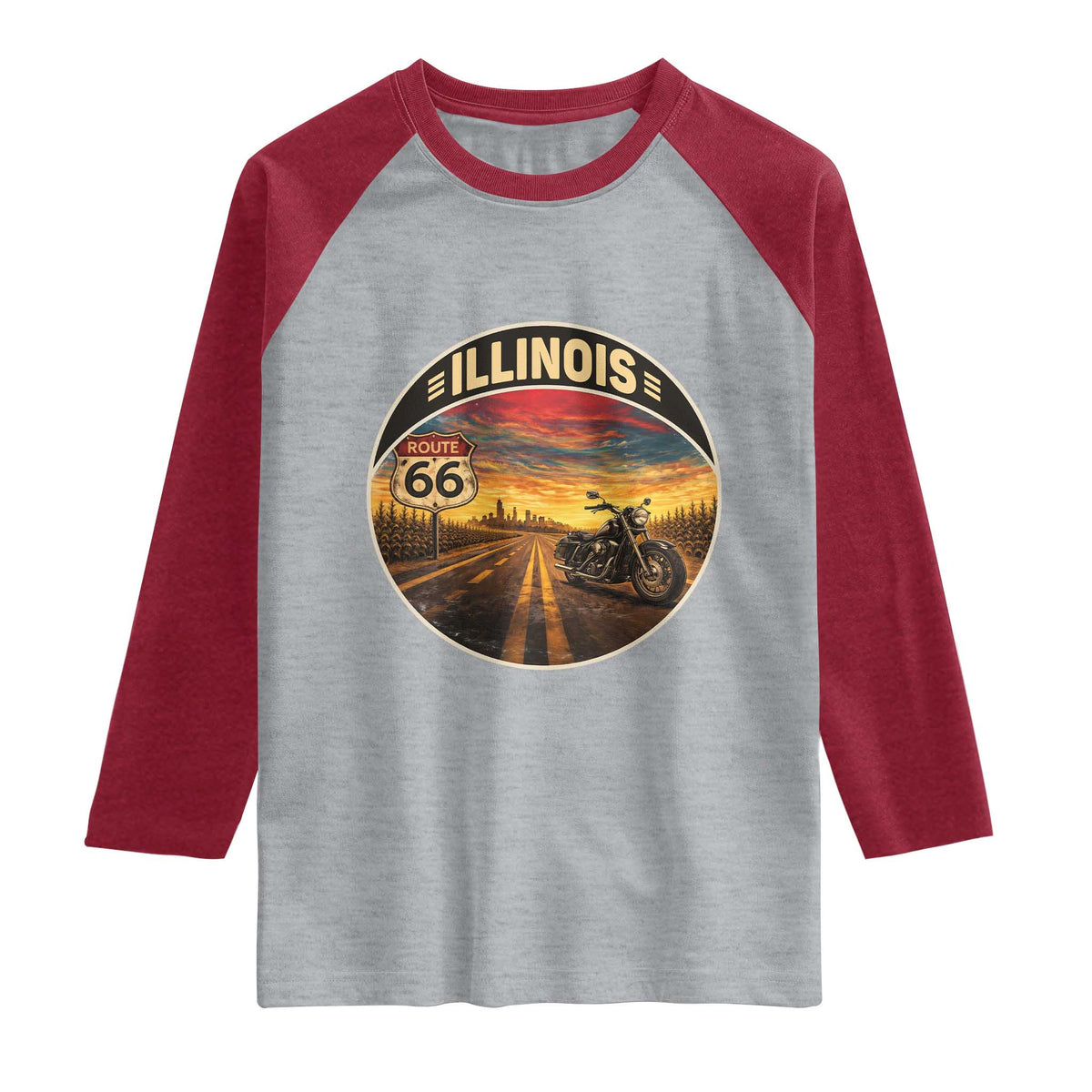 Illinois Route Highway 66 Motorcycle Raglan Shirt Road Trip Adventure TS12 Heather Gray Heather Red Print Your Wear