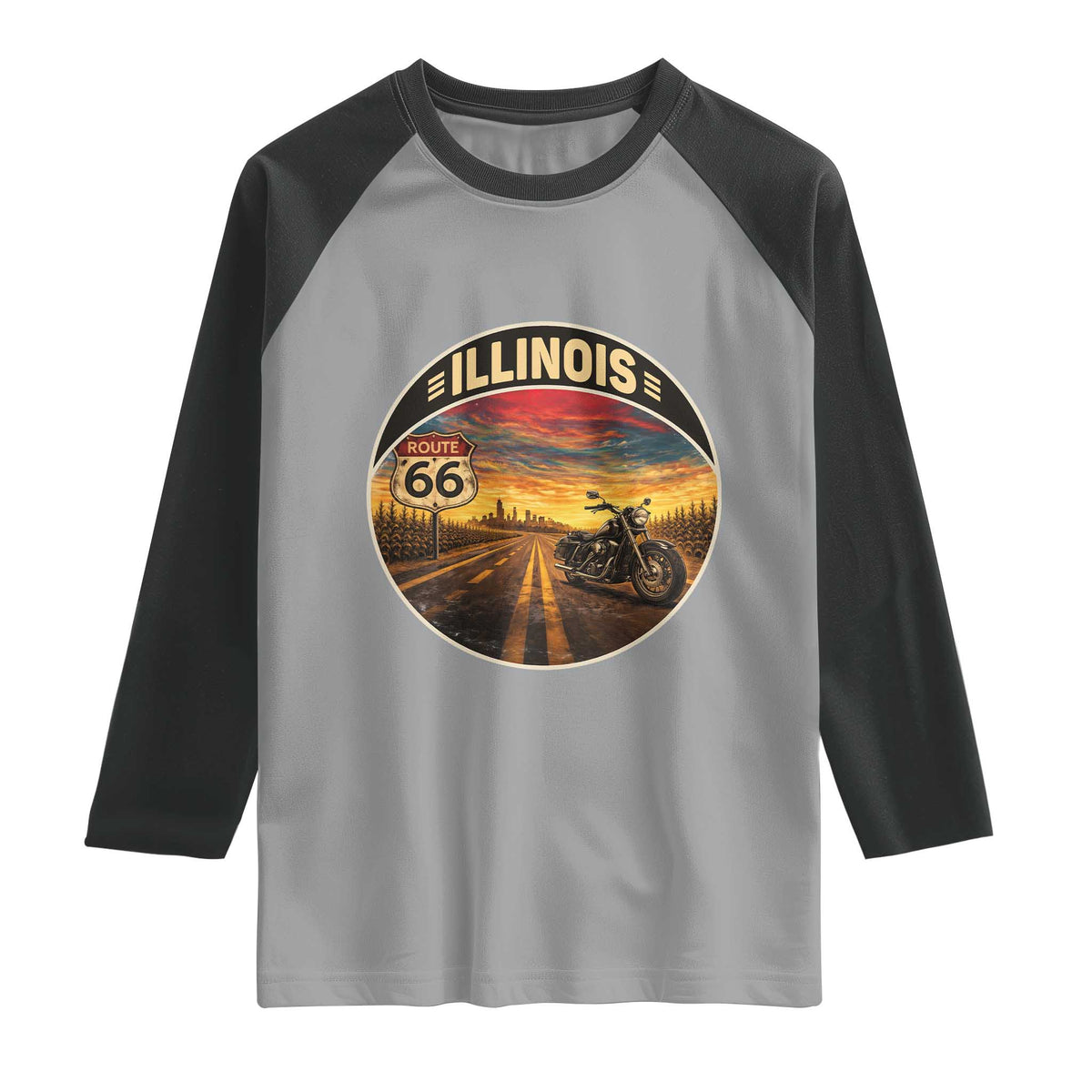 Illinois Route Highway 66 Motorcycle Raglan Shirt Road Trip Adventure TS12 Sport Gray Black Print Your Wear