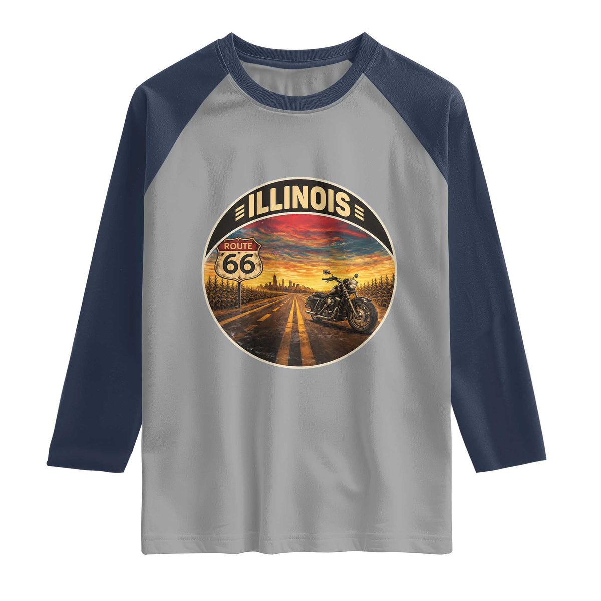 Illinois Route Highway 66 Motorcycle Raglan Shirt Road Trip Adventure TS12 Sport Gray Navy Print Your Wear