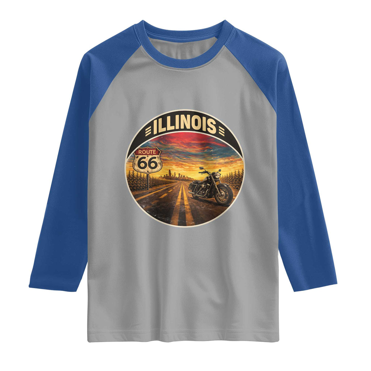 Illinois Route Highway 66 Motorcycle Raglan Shirt Road Trip Adventure TS12 Sport Gray Royal Print Your Wear