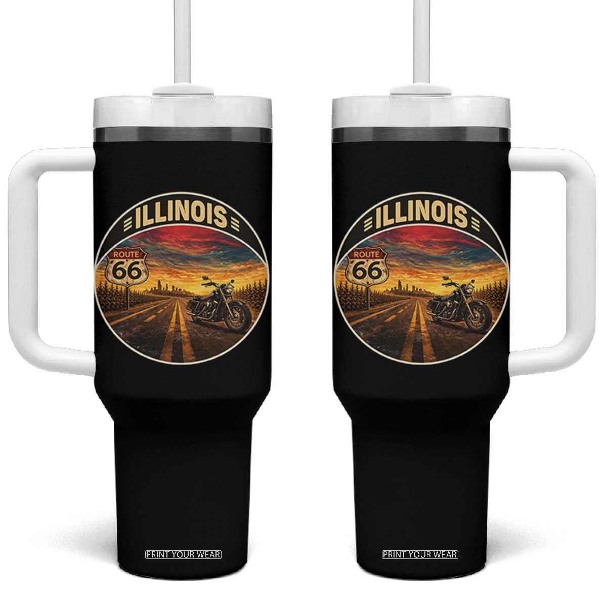 Illinois Route Highway 66 Motorcycle Tumbler With Handle Road Trip Adventure TS12 One Size: 40 oz Black Print Your Wear