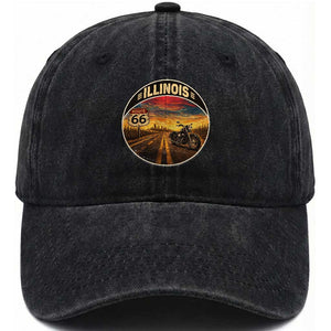 Illinois Route Highway 66 Motorcycle Washed Cotton Baseball Cap Road Trip Adventure TS12 Print Your Wear