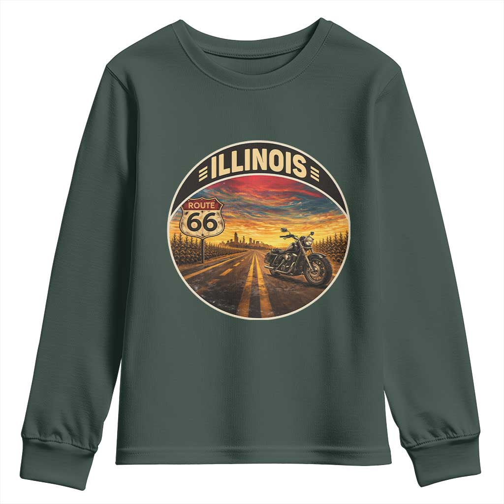 Illinois Route Highway 66 Motorcycle Youth Sweatshirt Road Trip Adventure TS12 Dark Forest Green Print Your Wear