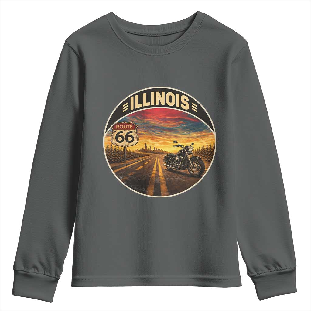 Illinois Route Highway 66 Motorcycle Youth Sweatshirt Road Trip Adventure TS12 Dark Heather Print Your Wear