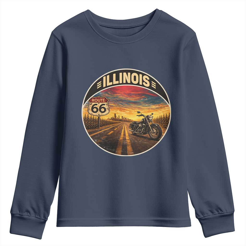 Illinois Route Highway 66 Motorcycle Youth Sweatshirt Road Trip Adventure TS12 Navy Print Your Wear
