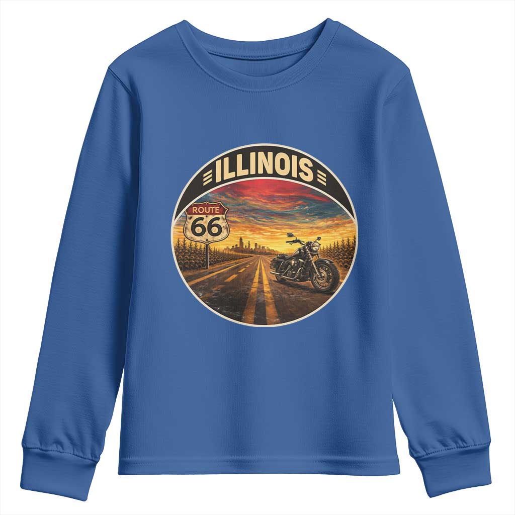 Illinois Route Highway 66 Motorcycle Youth Sweatshirt Road Trip Adventure TS12 Royal Blue Print Your Wear