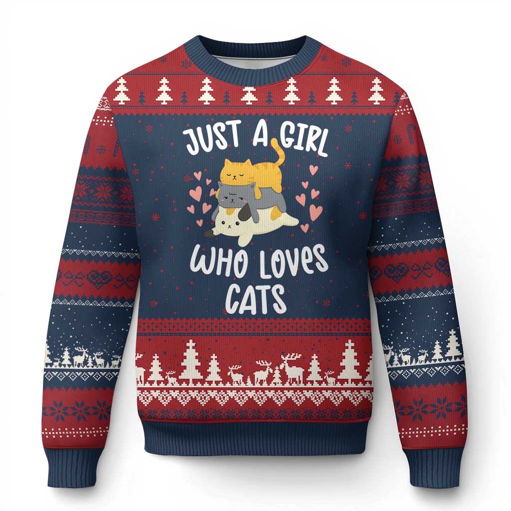 Just A Girl Who Loves Cats Ugly Christmas Sweater Cute Kittens Pet Lover TS12 Navy Red Print Your Wear