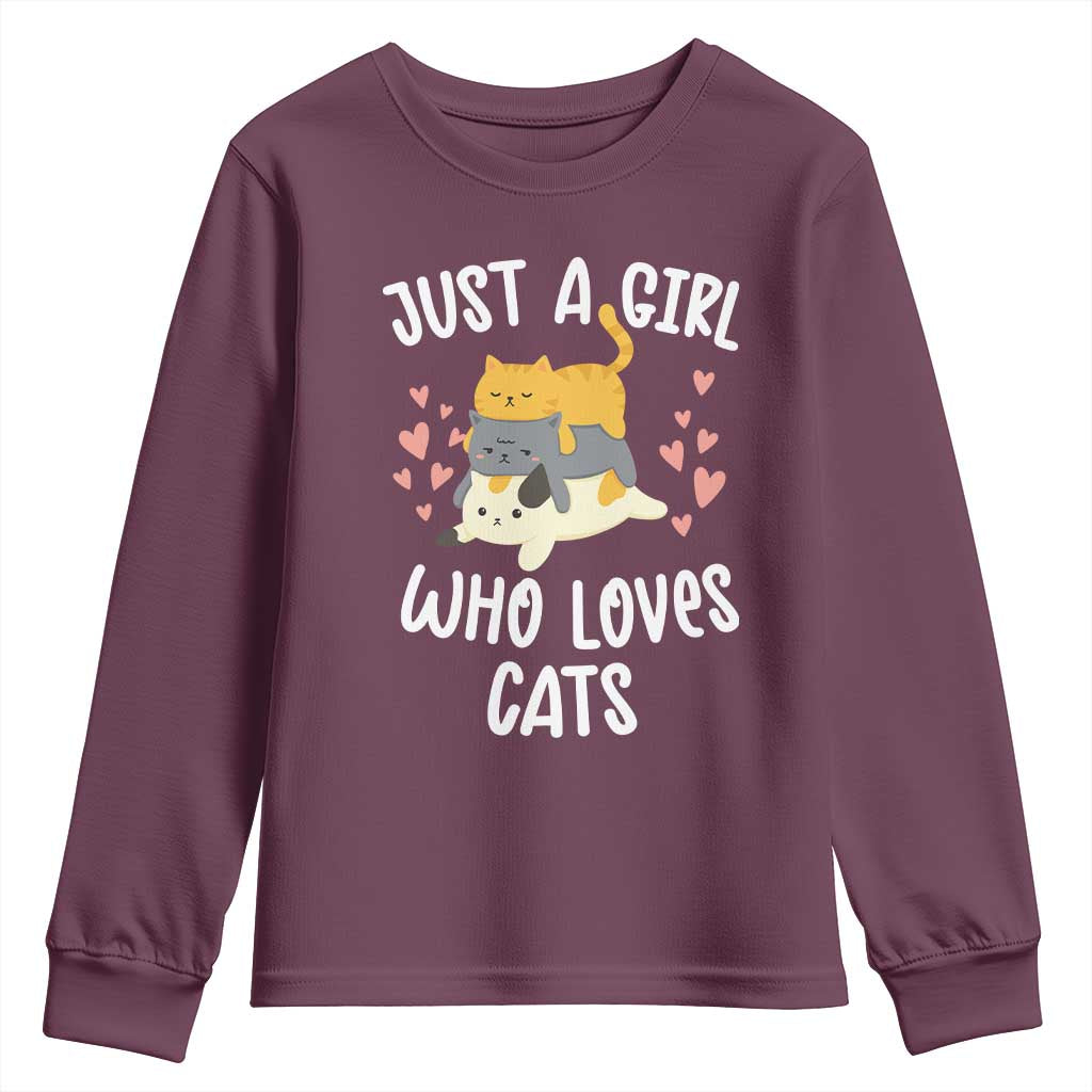 Just A Girl Who Loves Cats Youth Sweatshirt Cute Kittens Pet Lover TS12 Maroon Print Your Wear