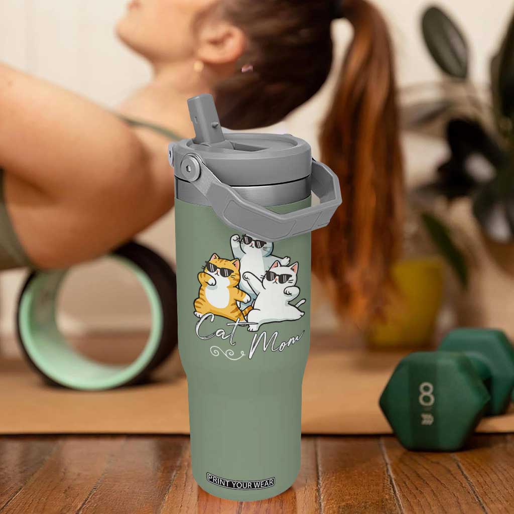 Cat Mom Flip Straw Tumbler Three Cool Cats with Sunglasses TS12 One Size: 30 oz Moss Green Print Your Wear