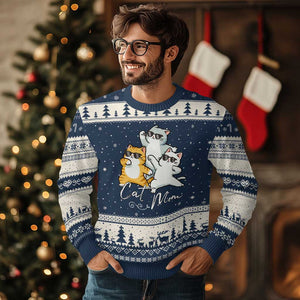 Cat Mom Ugly Christmas Sweater Three Cool Cats with Sunglasses TS12 Navy Beige Print Your Wear