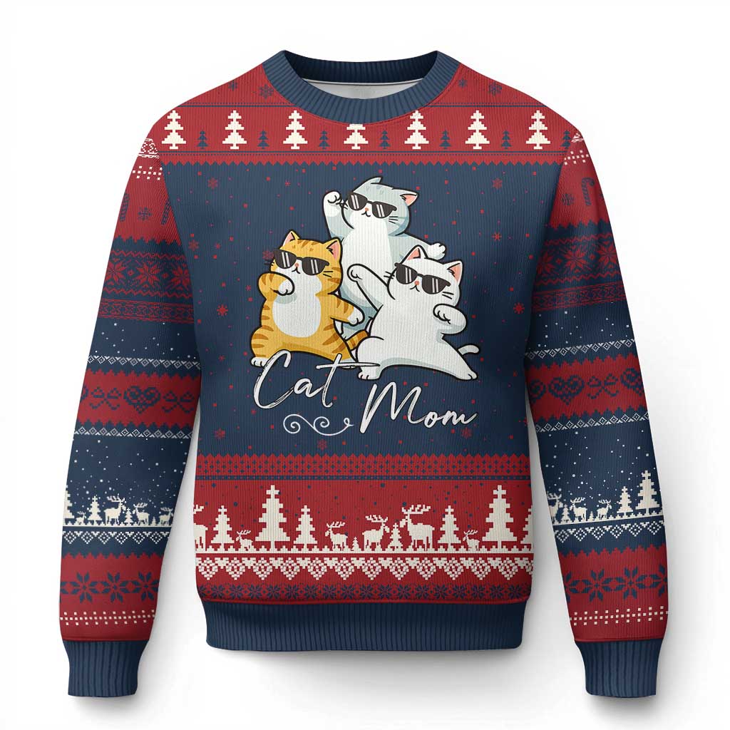 Cat Mom Ugly Christmas Sweater Three Cool Cats with Sunglasses TS12 Navy Red Print Your Wear
