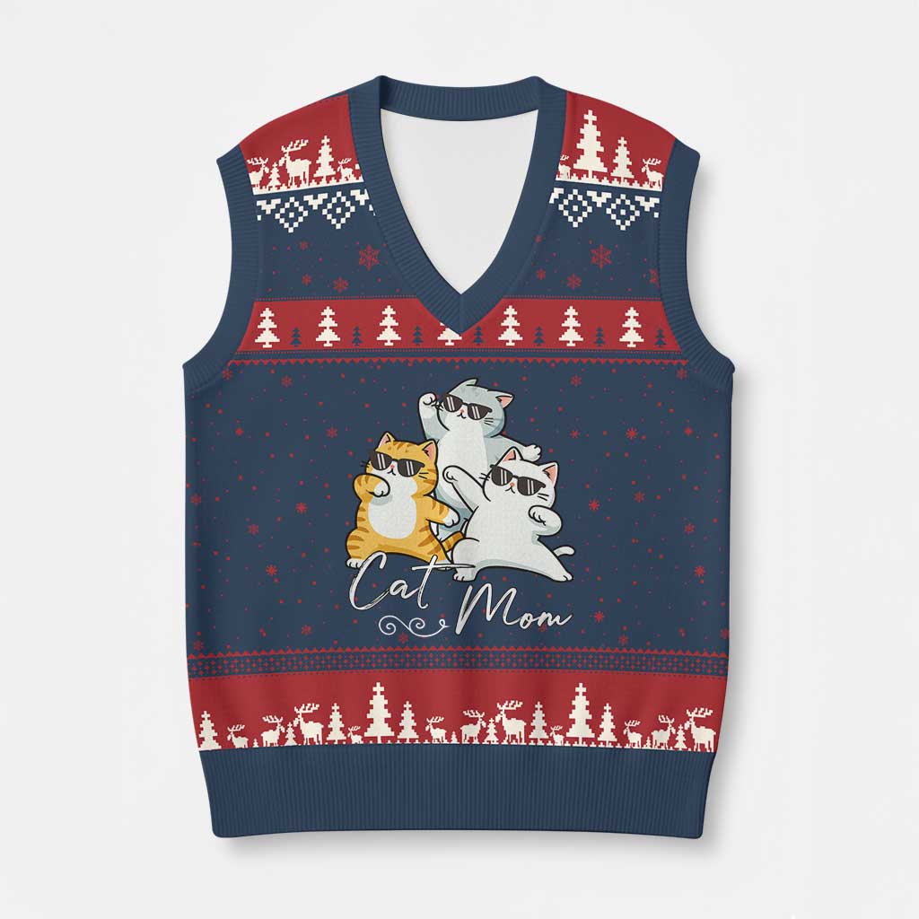Cat Mom V-Neck Knit Sweater Vest Three Cool Cats with Sunglasses TS12 Navy Red Print Your Wear