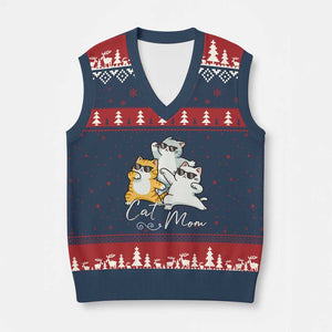 Cat Mom V-Neck Knit Sweater Vest Three Cool Cats with Sunglasses TS12 Navy Red Print Your Wear