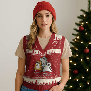 Cat Mom V-Neck Knit Sweater Vest Three Cool Cats with Sunglasses TS12 Red Beige Print Your Wear