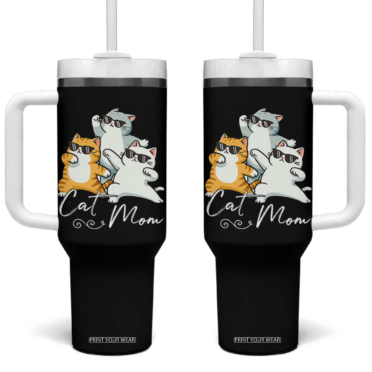 Cat Mom Tumbler With Handle Three Cool Cats with Sunglasses TS12 One Size: 40 oz Black Print Your Wear