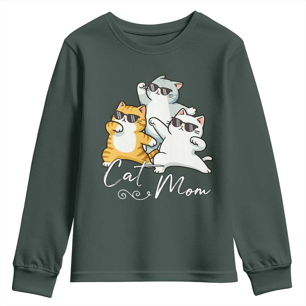 Cat Mom Youth Sweatshirt Three Cool Cats with Sunglasses TS12 Dark Forest Green Print Your Wear