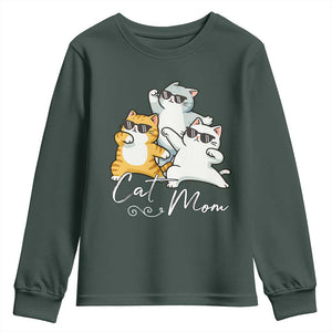 Cat Mom Youth Sweatshirt Three Cool Cats with Sunglasses TS12 Dark Forest Green Print Your Wear