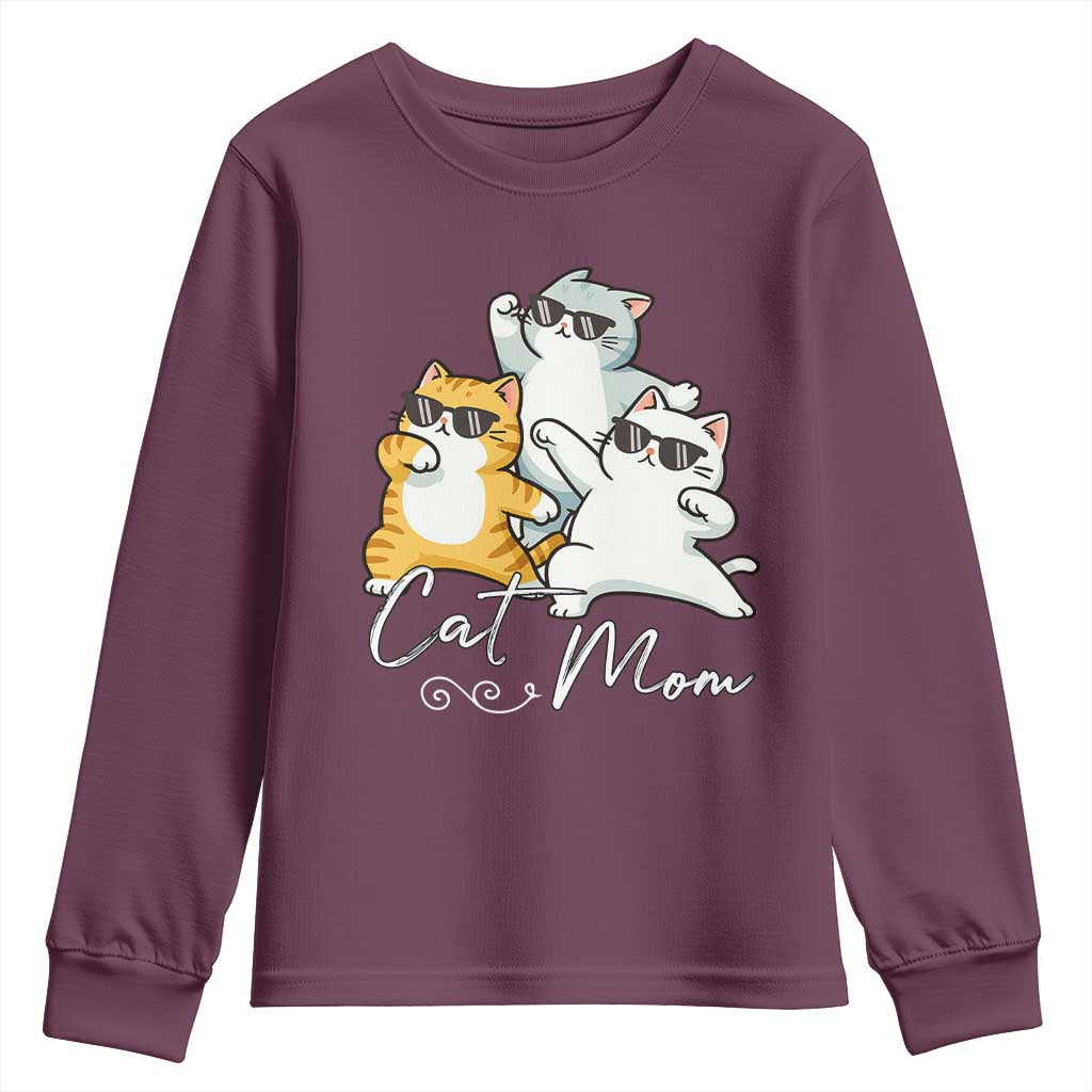 Cat Mom Youth Sweatshirt Three Cool Cats with Sunglasses TS12 Maroon Print Your Wear