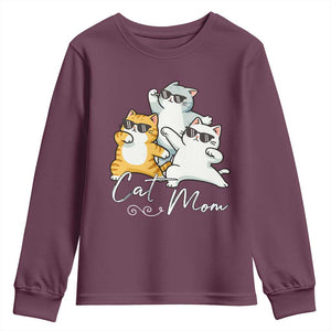 Cat Mom Youth Sweatshirt Three Cool Cats with Sunglasses TS12 Maroon Print Your Wear