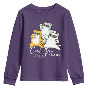 Cat Mom Youth Sweatshirt Three Cool Cats with Sunglasses TS12 Purple Print Your Wear