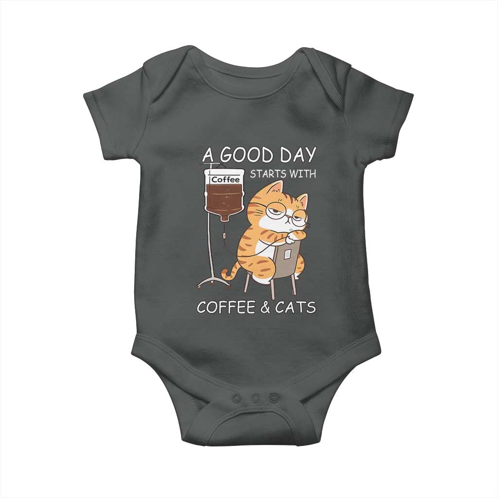 A Good Day Starts With Coffee And Cats Baby Onesie Funny Purrfect Morning TS12 Dark Heather Print Your Wear