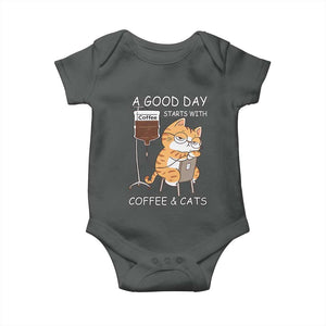 A Good Day Starts With Coffee And Cats Baby Onesie Funny Purrfect Morning TS12 Dark Heather Print Your Wear