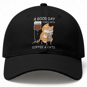 A Good Day Starts With Coffee And Cats Baseball Cap Funny Purrfect Morning TS12 Print Your Wear