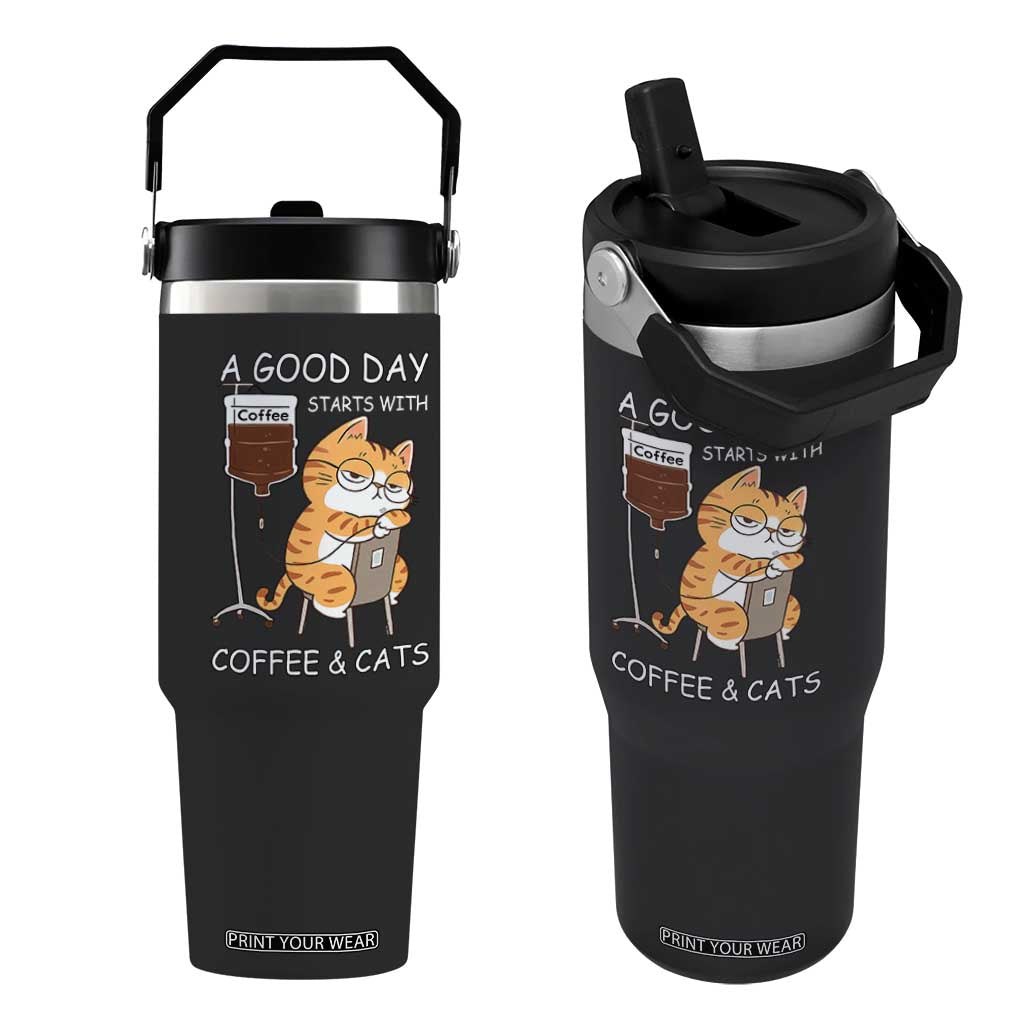 A Good Day Starts With Coffee And Cats Flip Straw Tumbler Funny Purrfect Morning TS12 One Size: 30 oz Black Print Your Wear