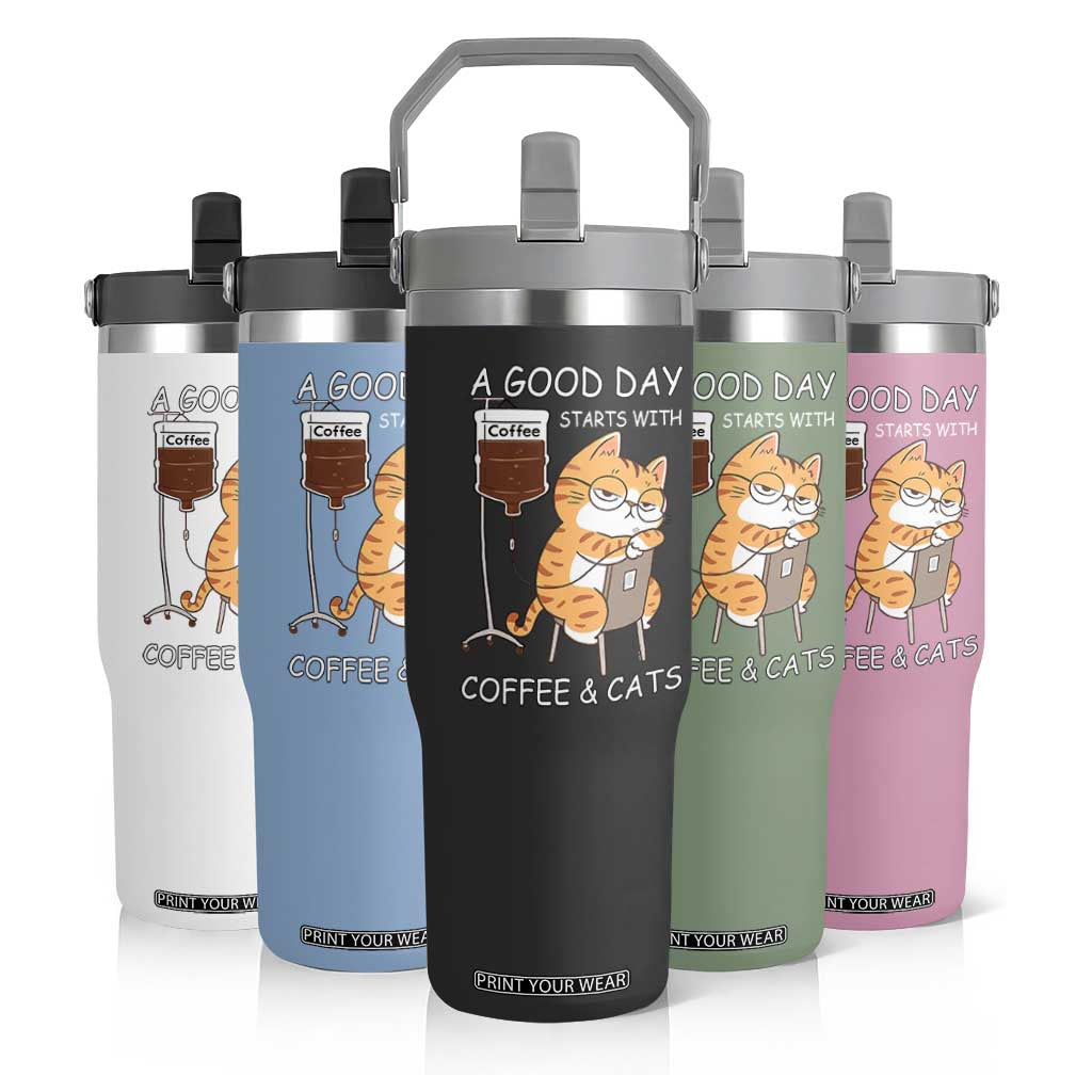 A Good Day Starts With Coffee And Cats Flip Straw Tumbler Funny Purrfect Morning TS12 Print Your Wear