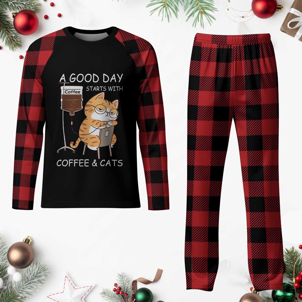A Good Day Starts With Coffee And Cats Plaid Pajama Set Funny Purrfect Morning TS12 Buffalo Plaid Print Your Wear