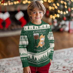 A Good Day Starts With Coffee And Cats Ugly Christmas Sweater Funny Purrfect Morning TS12 Forest Green Beige Print Your Wear
