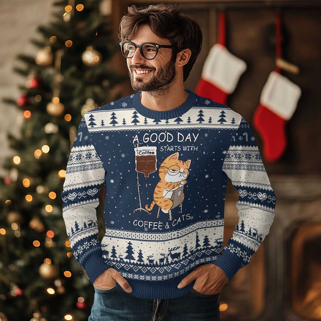 A Good Day Starts With Coffee And Cats Ugly Christmas Sweater Funny Purrfect Morning TS12 Navy Beige Print Your Wear