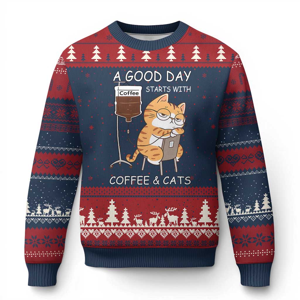 A Good Day Starts With Coffee And Cats Ugly Christmas Sweater Funny Purrfect Morning TS12 Navy Red Print Your Wear