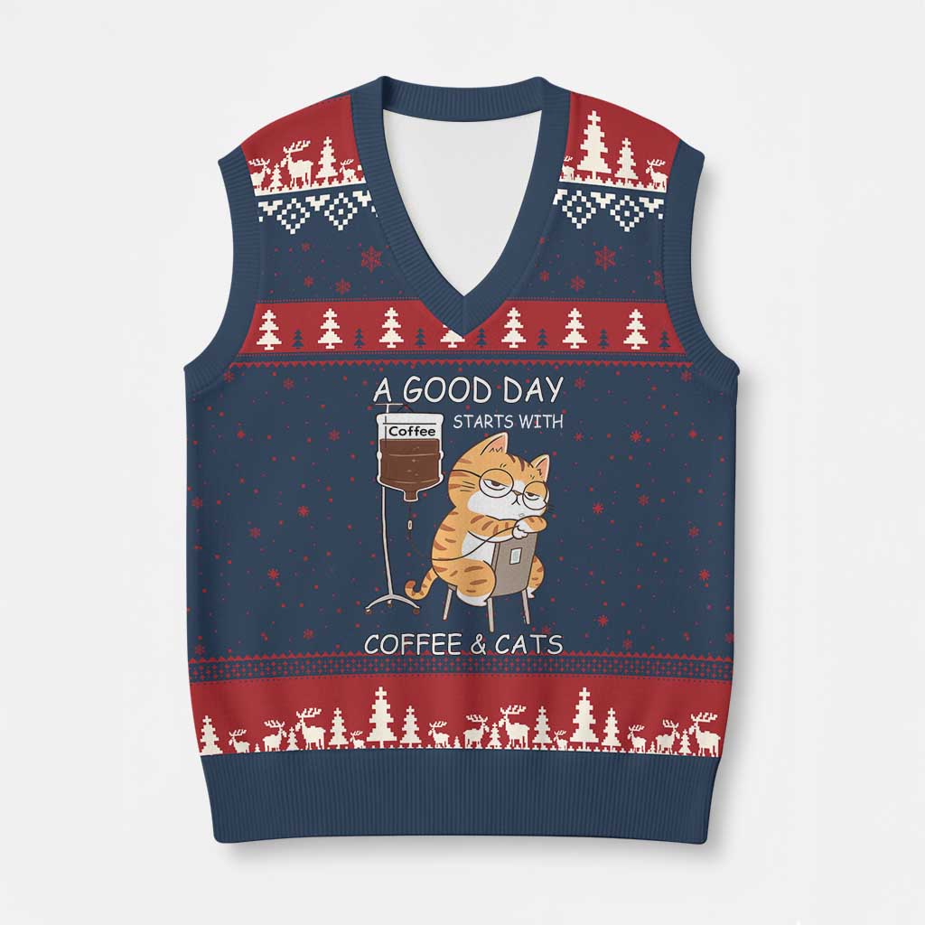 A Good Day Starts With Coffee And Cats V-Neck Knit Sweater Vest Funny Purrfect Morning TS12 Navy Red Print Your Wear
