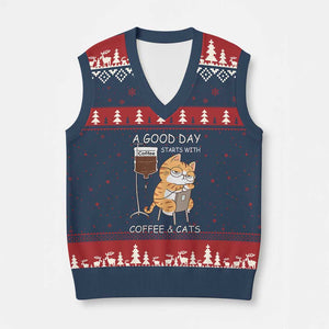 A Good Day Starts With Coffee And Cats V-Neck Knit Sweater Vest Funny Purrfect Morning TS12 Navy Red Print Your Wear