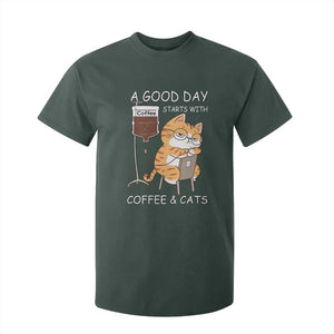 A Good Day Starts With Coffee And Cats T Shirt For Kid Funny Purrfect Morning TS12 Dark Forest Green Print Your Wear