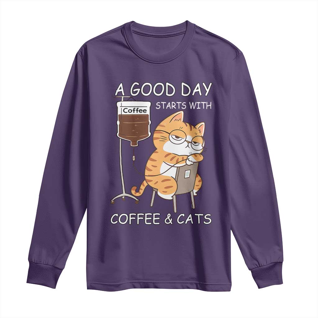 A Good Day Starts With Coffee And Cats Long Sleeve Shirt Funny Purrfect Morning TS12 Purple Print Your Wear