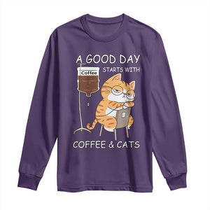 A Good Day Starts With Coffee And Cats Long Sleeve Shirt Funny Purrfect Morning TS12 Purple Print Your Wear