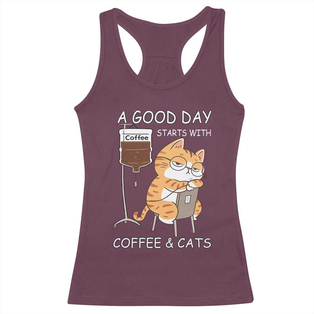 A Good Day Starts With Coffee And Cats Racerback Tank Top Funny Purrfect Morning TS12 Maroon Print Your Wear