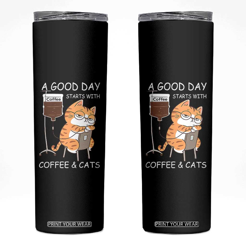 A Good Day Starts With Coffee And Cats Skinny Tumbler Funny Purrfect Morning TS12 Black Print Your Wear