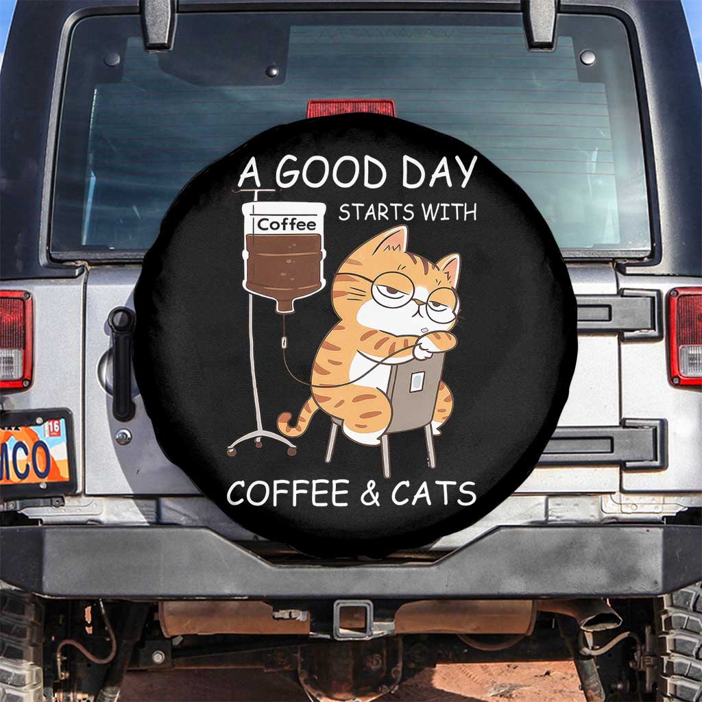A Good Day Starts With Coffee And Cats Spare Tire Cover Funny Purrfect Morning TS12 No hole Black Print Your Wear