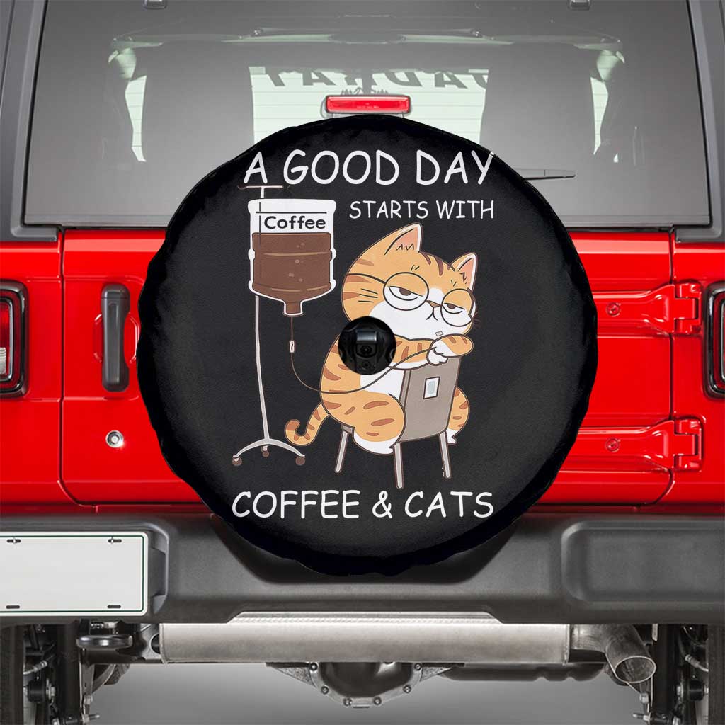 A Good Day Starts With Coffee And Cats Spare Tire Cover Funny Purrfect Morning TS12 Black Print Your Wear