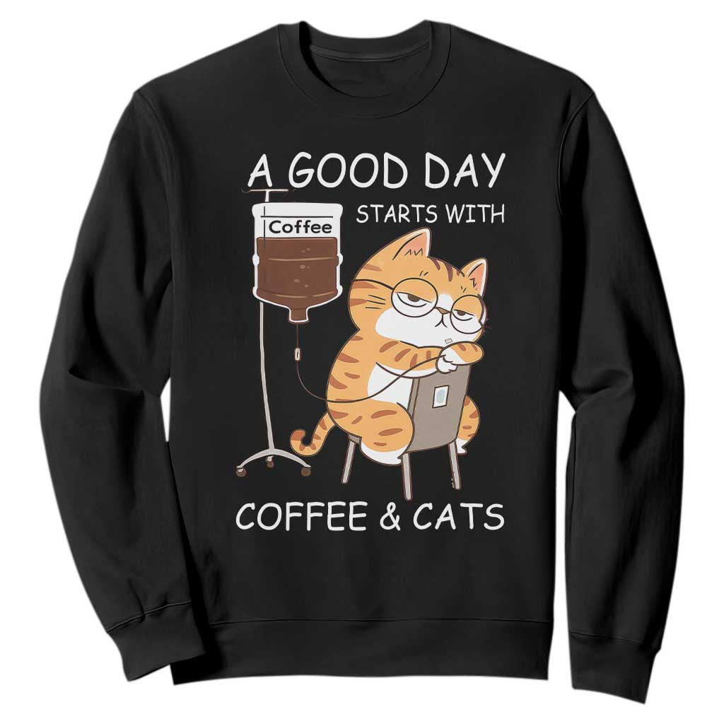 A Good Day Starts With Coffee And Cats Sweatshirt Funny Purrfect Morning TS12 Black Print Your Wear