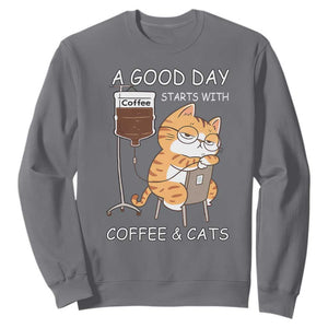 A Good Day Starts With Coffee And Cats Sweatshirt Funny Purrfect Morning TS12 Charcoal Print Your Wear