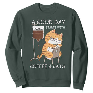 A Good Day Starts With Coffee And Cats Sweatshirt Funny Purrfect Morning TS12 Dark Forest Green Print Your Wear