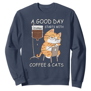 A Good Day Starts With Coffee And Cats Sweatshirt Funny Purrfect Morning TS12 Navy Print Your Wear
